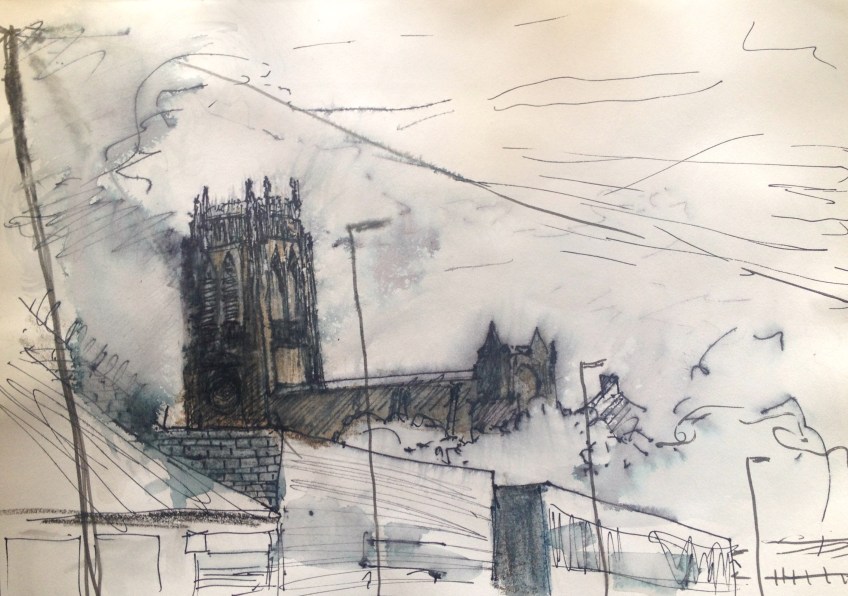 Liverpool Anglican Cathedral from Greenland St (pen & wash on A4 paper) 2015 framed £85