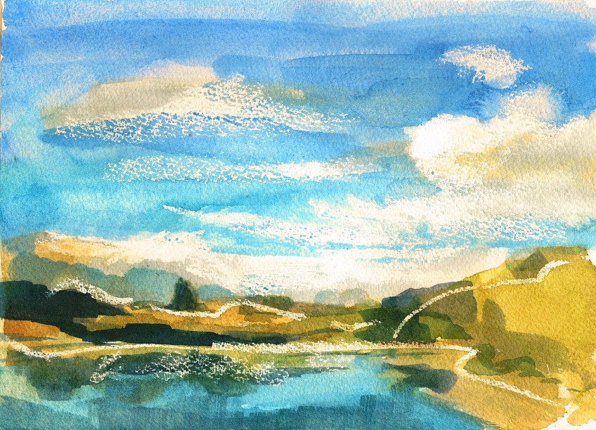 Hayling Island Blue (watercolour and wax A4) framed £125